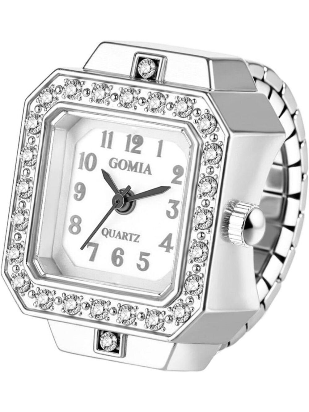 Unisex Silver Quartz Bling Stainless Steel Elastic Band Square Finger Ring Watch